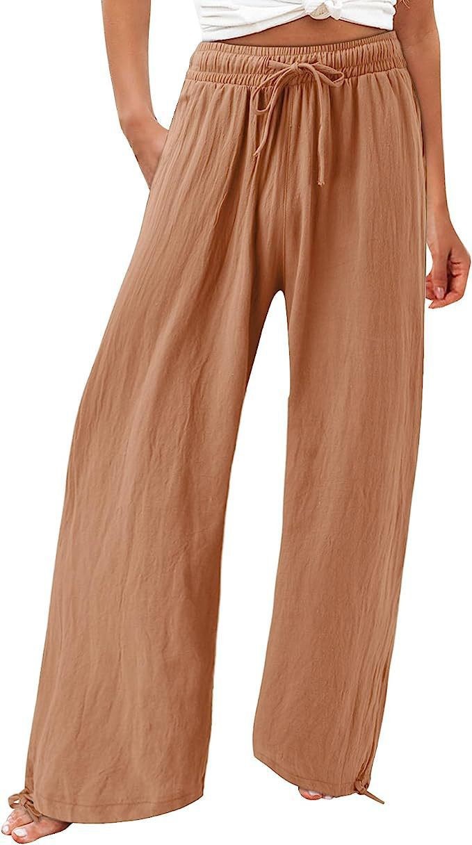 Women's High-Waist Wide-Leg Solid Pants with Elastic Waist