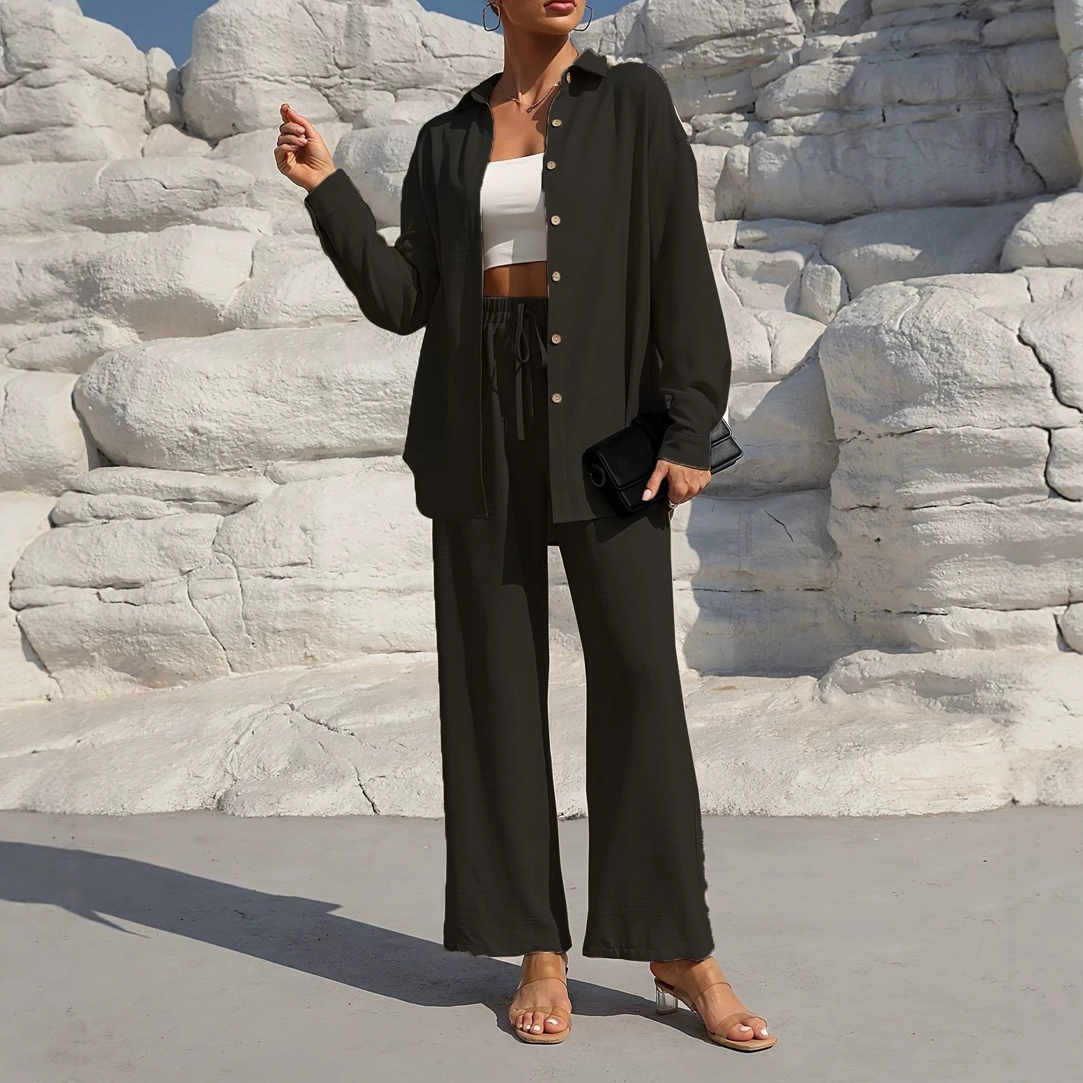 Women's Plus Size Long Sleeve Cardigan & Pants Two-Piece Set Solid Color Casual