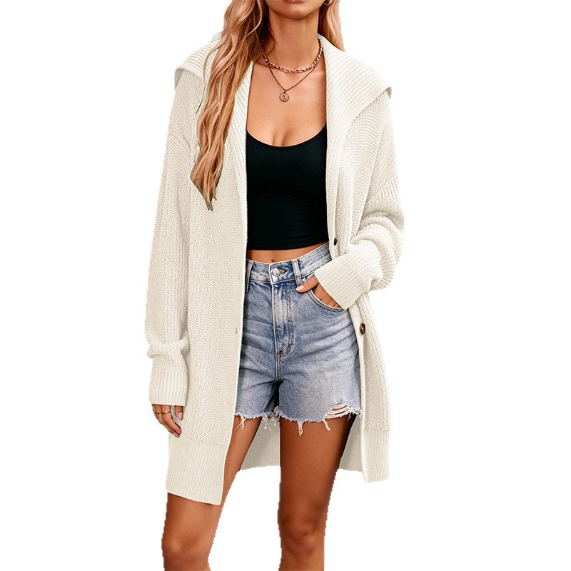 Women's Solid Color Collared Button-Front Midi Cardigan Sweater