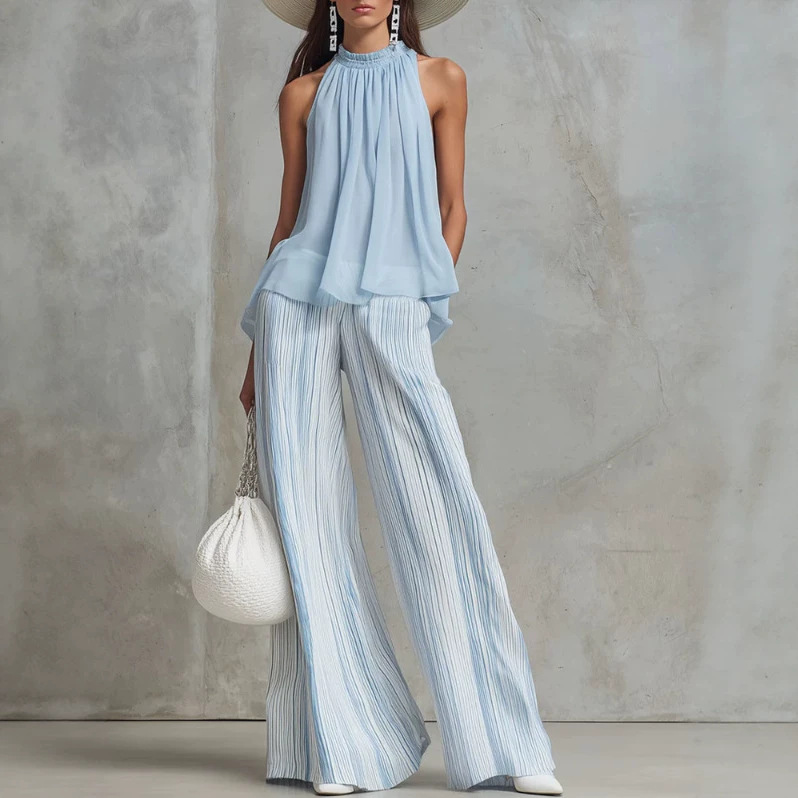 Light Blue Chiffon Sleeveless Top and Striped Wide-Leg Pants Set