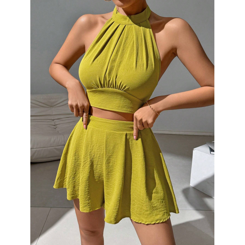 Women's Summer Solid Color Halter Cami and Shorts Set