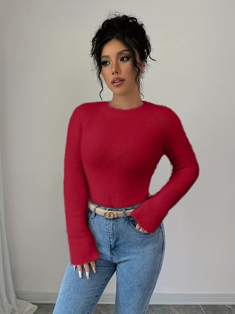 Women's V-Neck Solid Knit Sweater Soft Warm Pullover
