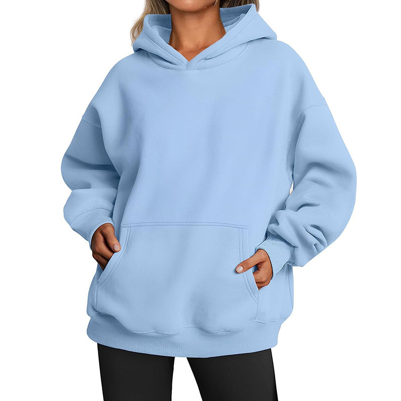 Women's Fleece-Lined Hooded Sweatshirt, Cotton Blend, Loose Fit, Solid Color