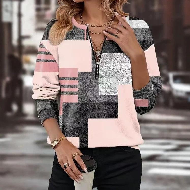 Women's Half-Zip Colorblock Striped Long-Sleeve Sweatshirt