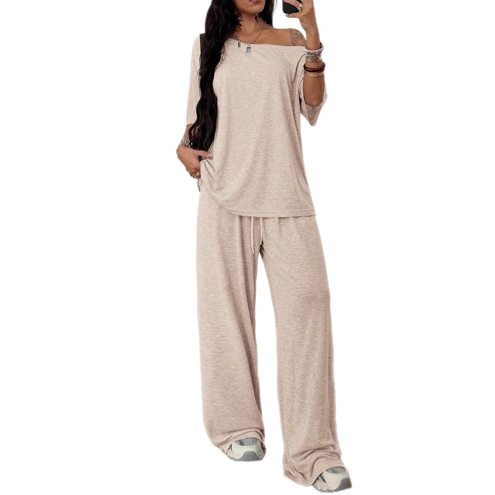 Women's Asymmetric Neck Wide-Leg Pants Set Solid Color Casual Two-Piece