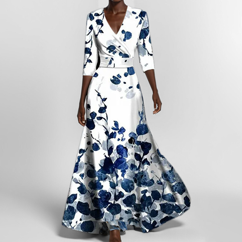 Elegant V-Neck Floral Print Slim-Fit Long Dress