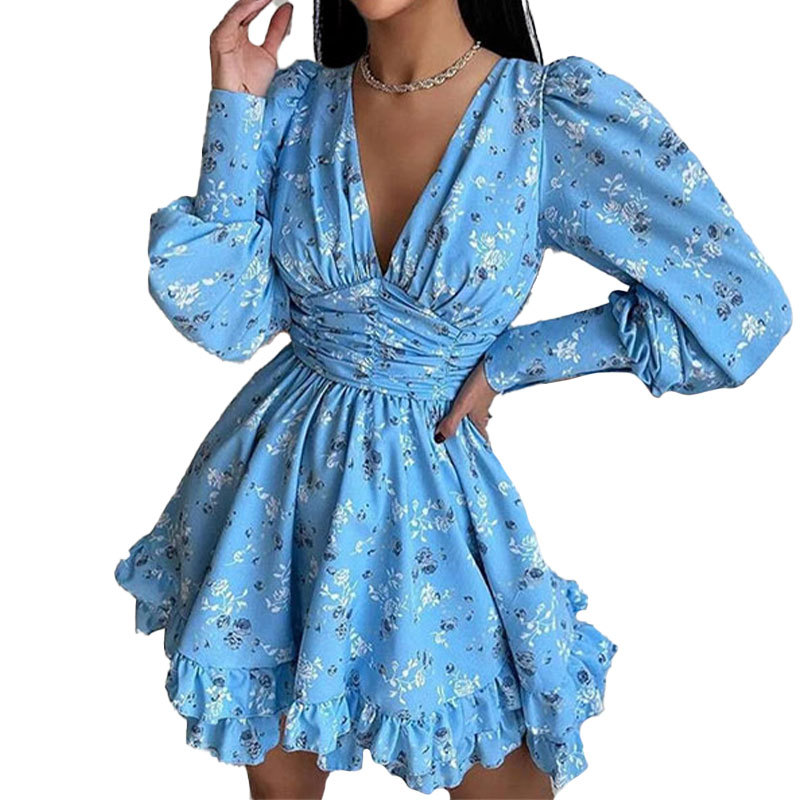 Elegant French Vacation Floral Ruffle Dress