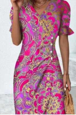 Geometric Patchwork Puff Sleeve Asymmetrical Hem Dress
