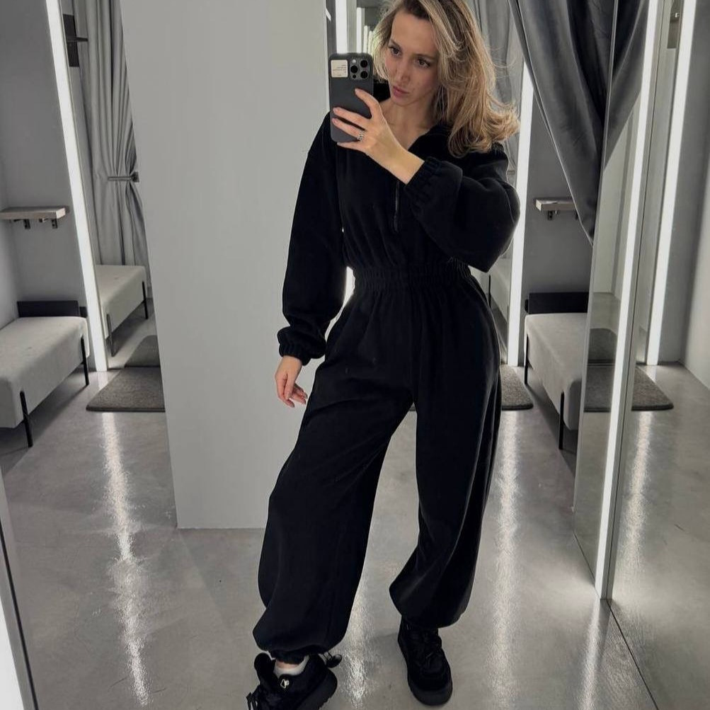 Women's Fleece Zip-Up Jumpsuit with Stand Collar and Wide Legs