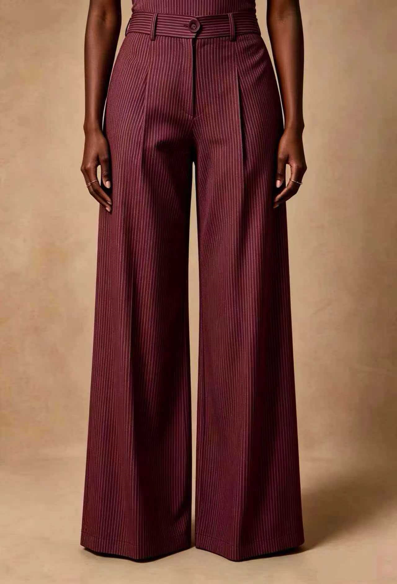 Retro High-Waist Pleated Wide-Leg Striped Pants