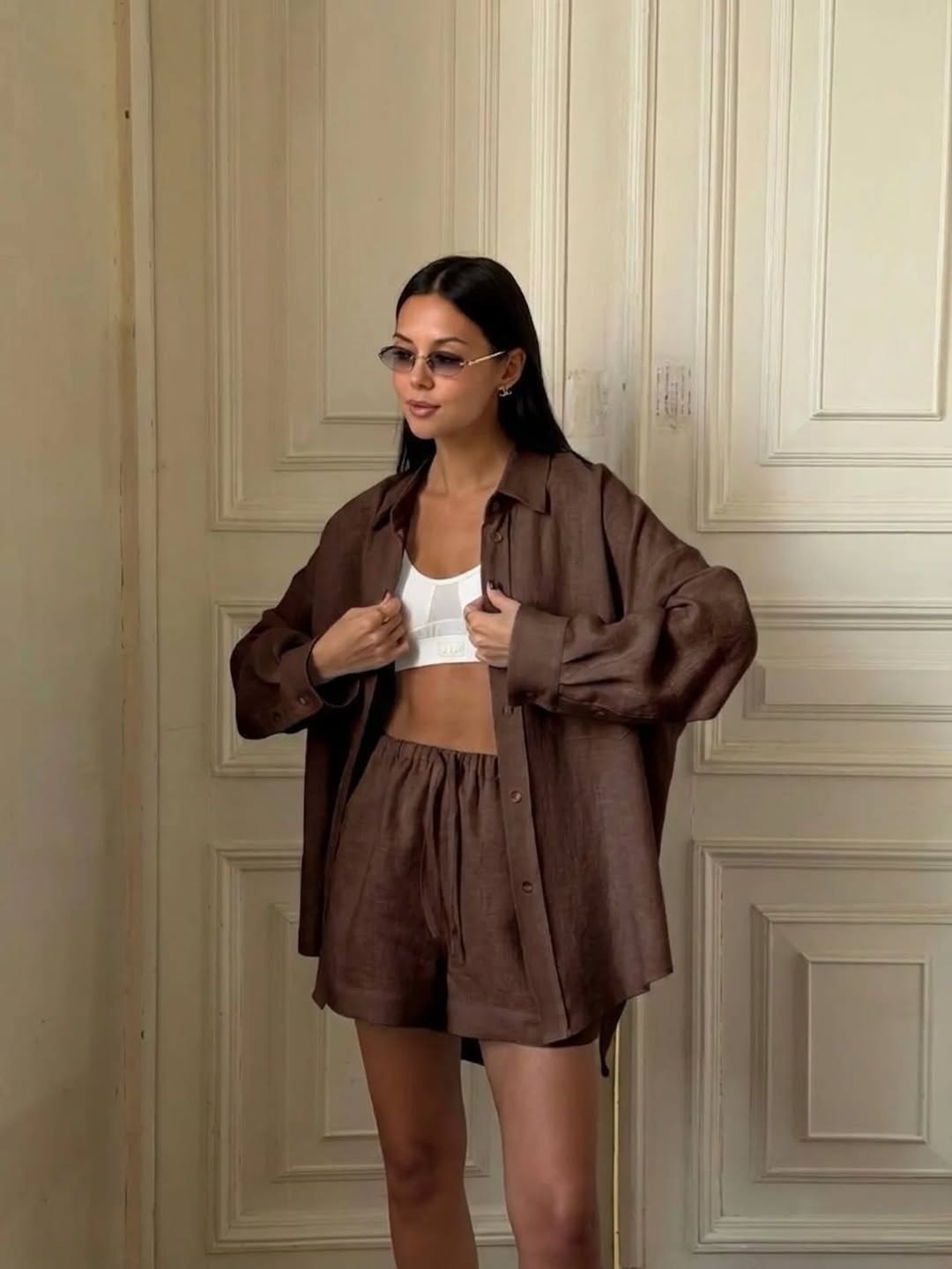 Women's Loose Long Sleeve Button Shirt and Shorts Two-Piece Set Casual Solid Color