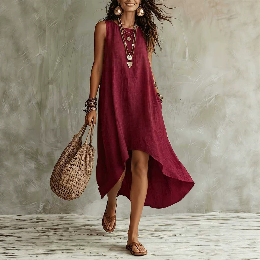Solid Sleeveless A-Line Maxi Dress Round Neck Loose Fit