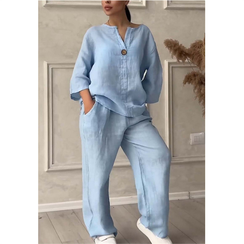 Women's Solid Color Short Sleeve Shirt and Long Pants Set Casual Two-Piece Outfit