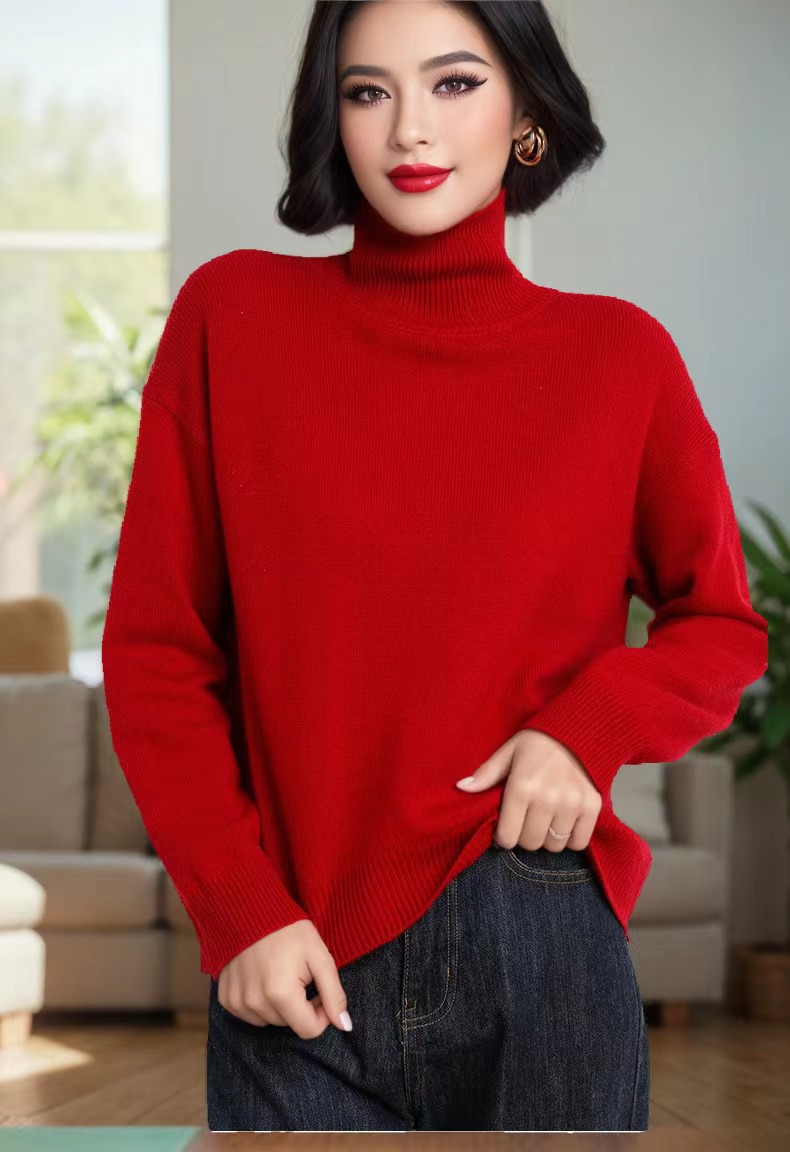 Women's Multi-Color Ribbed Turtleneck Knit Sweater Loose Lazy Style