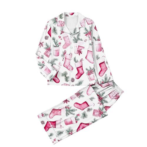Women's Cuban Collar Christmas Snowflake Print Long Sleeve Shirt Set