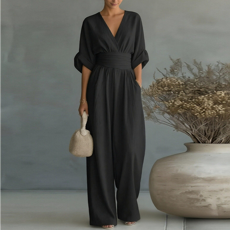 Women's Solid V-Neck Slim Waist Wide-Leg Jumpsuit