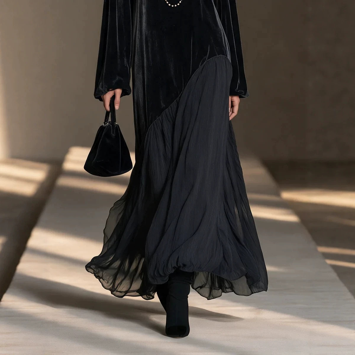 Black Velvet & Chiffon Paneled Long Dress with Round Neck and Puff Sleeves