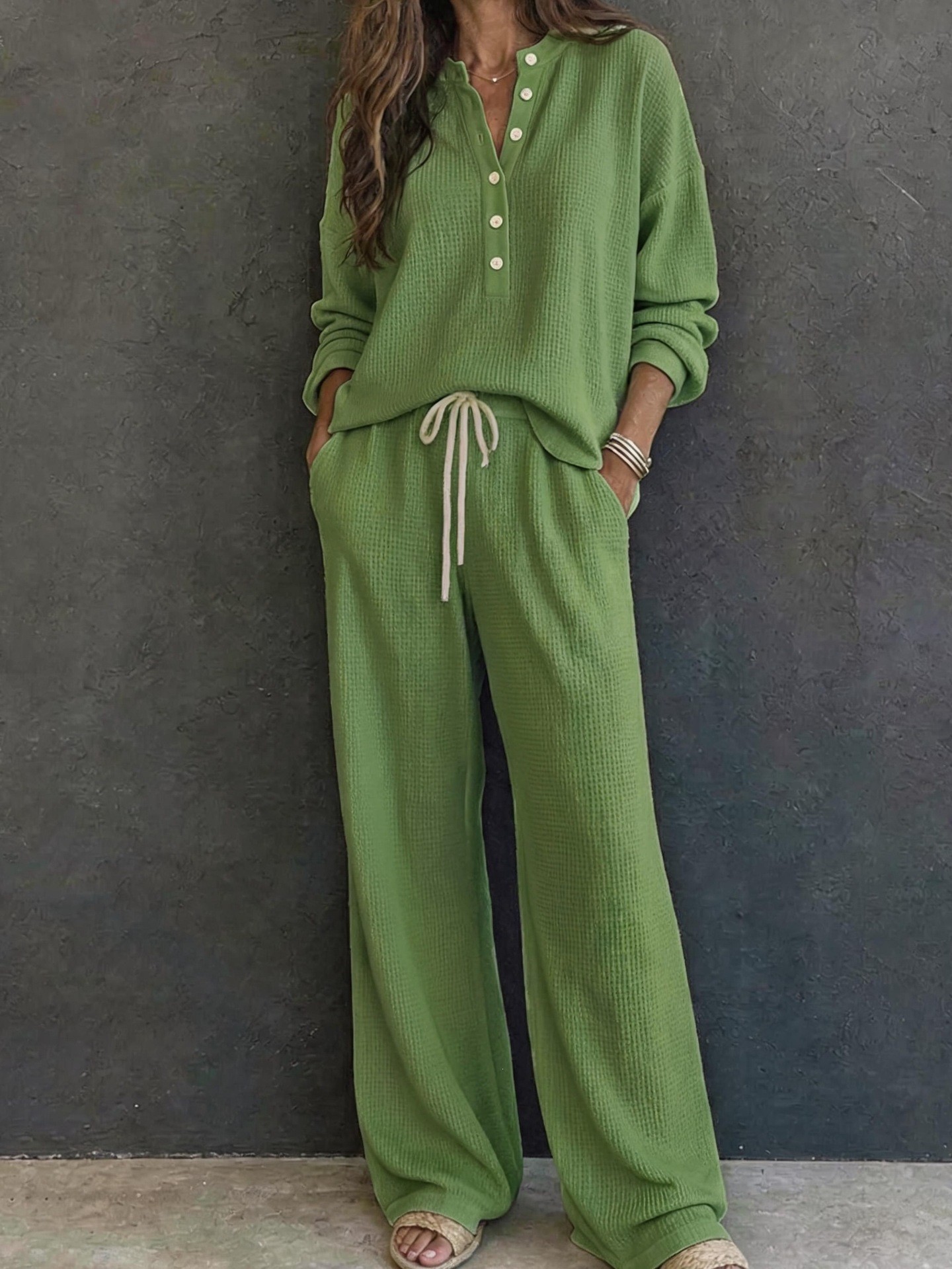 Women's Retro Waffle Knit Long Sleeve Top and Pants Set