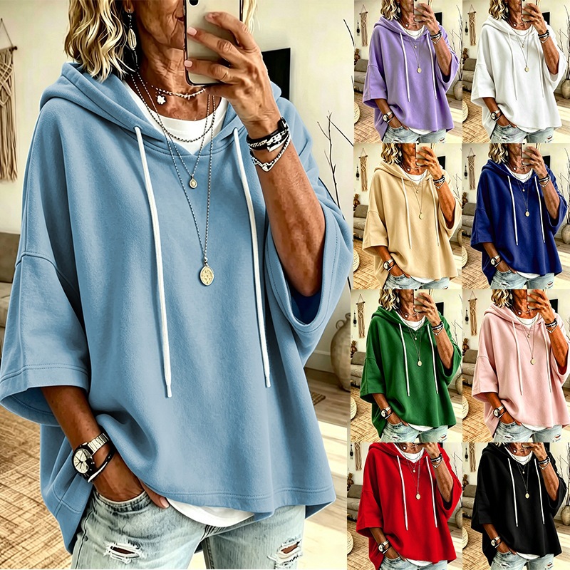 Women's 3/4 Sleeve Solid Hooded Sweatshirt Casual Pullover