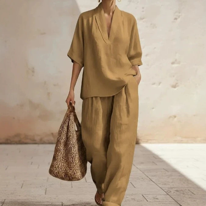 Women's Minimalist Linen Two-Piece Set Casual Solid Color