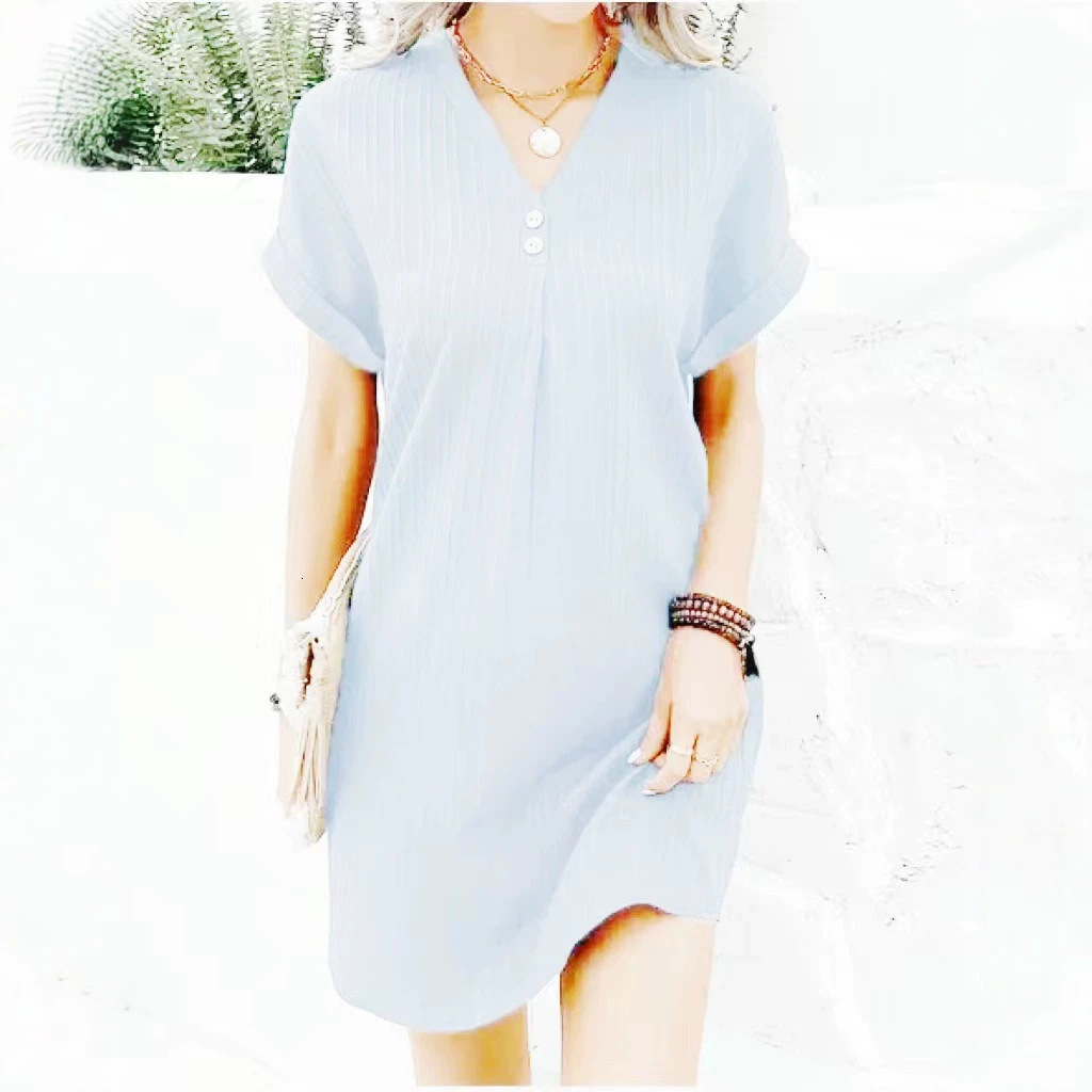 Women's Solid Short Sleeve V-Neck Button Midi A-Line Dress