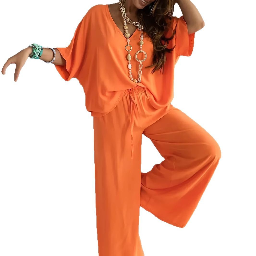 V-Neck Batwing Sleeve Wide-Leg Pants Set Women's Casual Loose Two-Piece