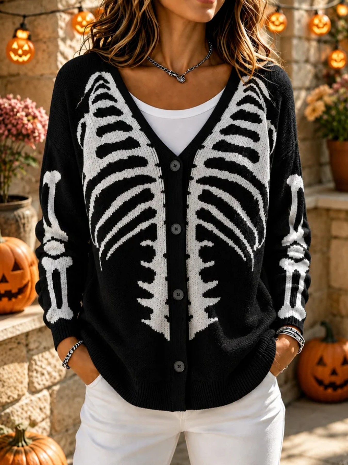 Women's Skeleton Ribbed Halloween Graphic Cardigan