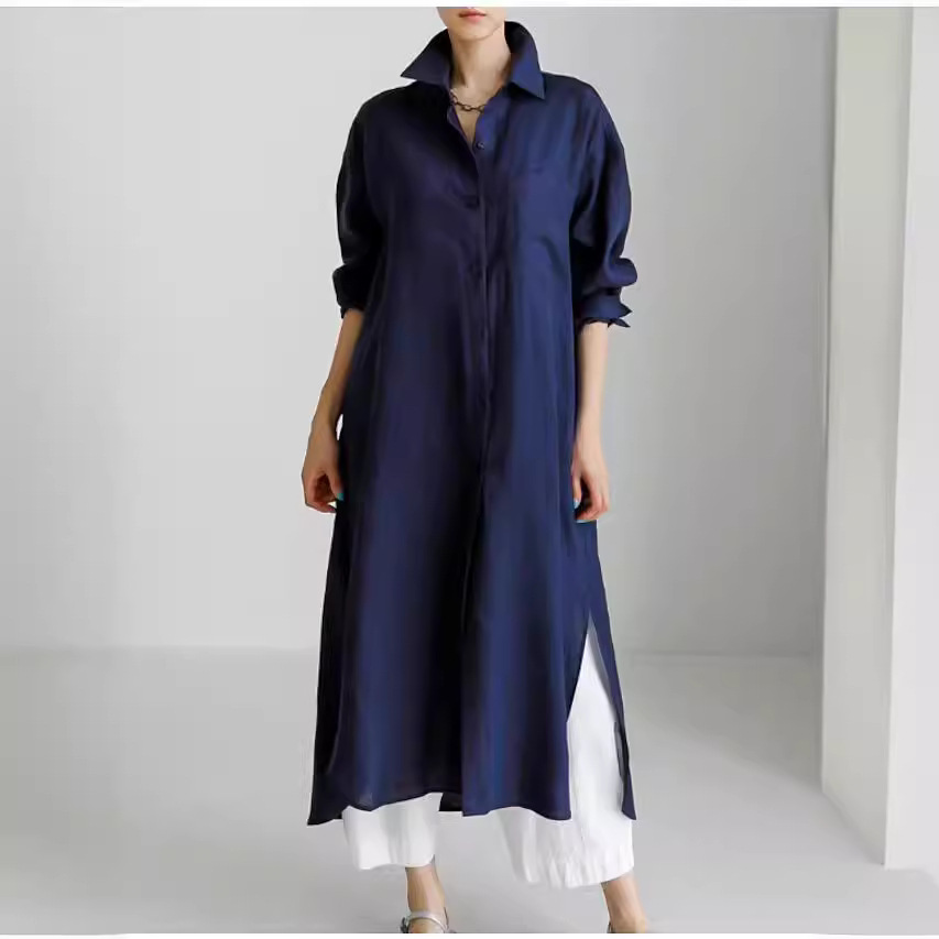 Cotton-Linen Button-Front Shirt Dress Long Asymmetrical Hem
