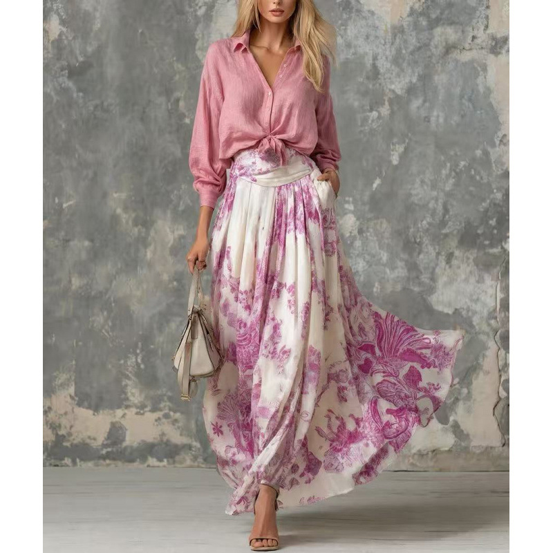 French Vintage Oil Painting Print Shirt and Skirt Two-Piece Set Women's Vacation Outfit
