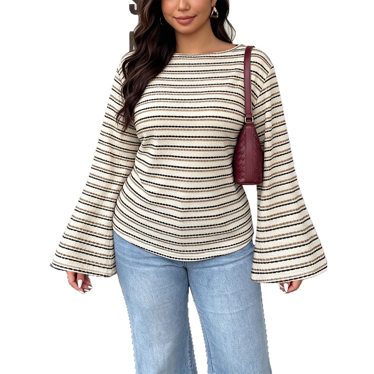 Women's Plus Size Striped Bell Sleeve Top Round Neck Loose Fit Long Sleeve Casual Tee