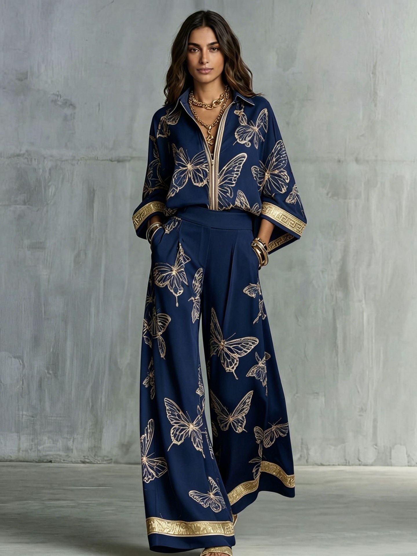 Women's Vintage Print Deep V Zip Top & Wide-Leg Pants Set