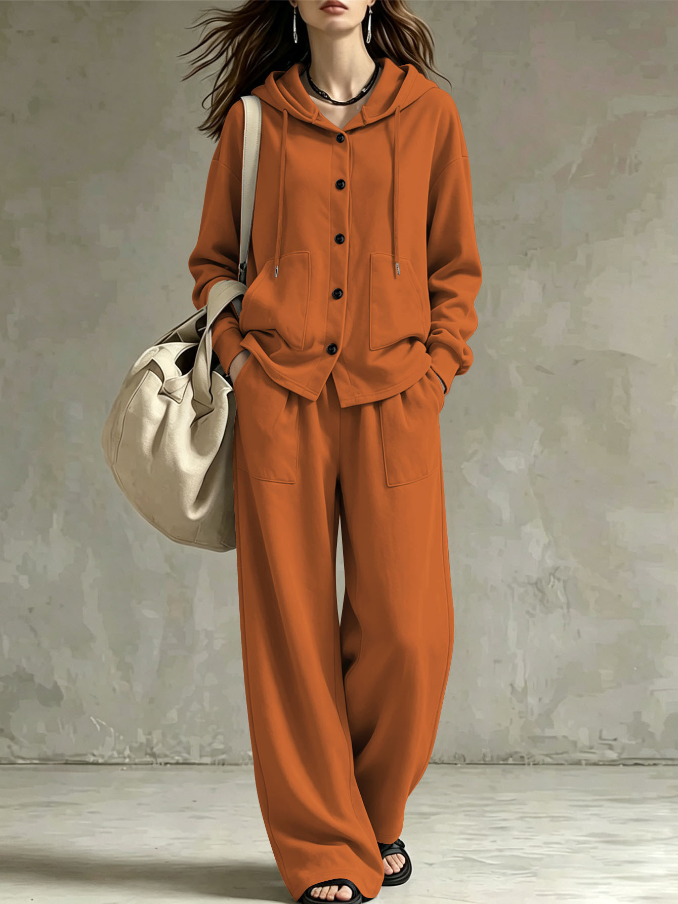 Women's Loose Hooded Cardigan and Wide-Leg Pants Two-Piece Set