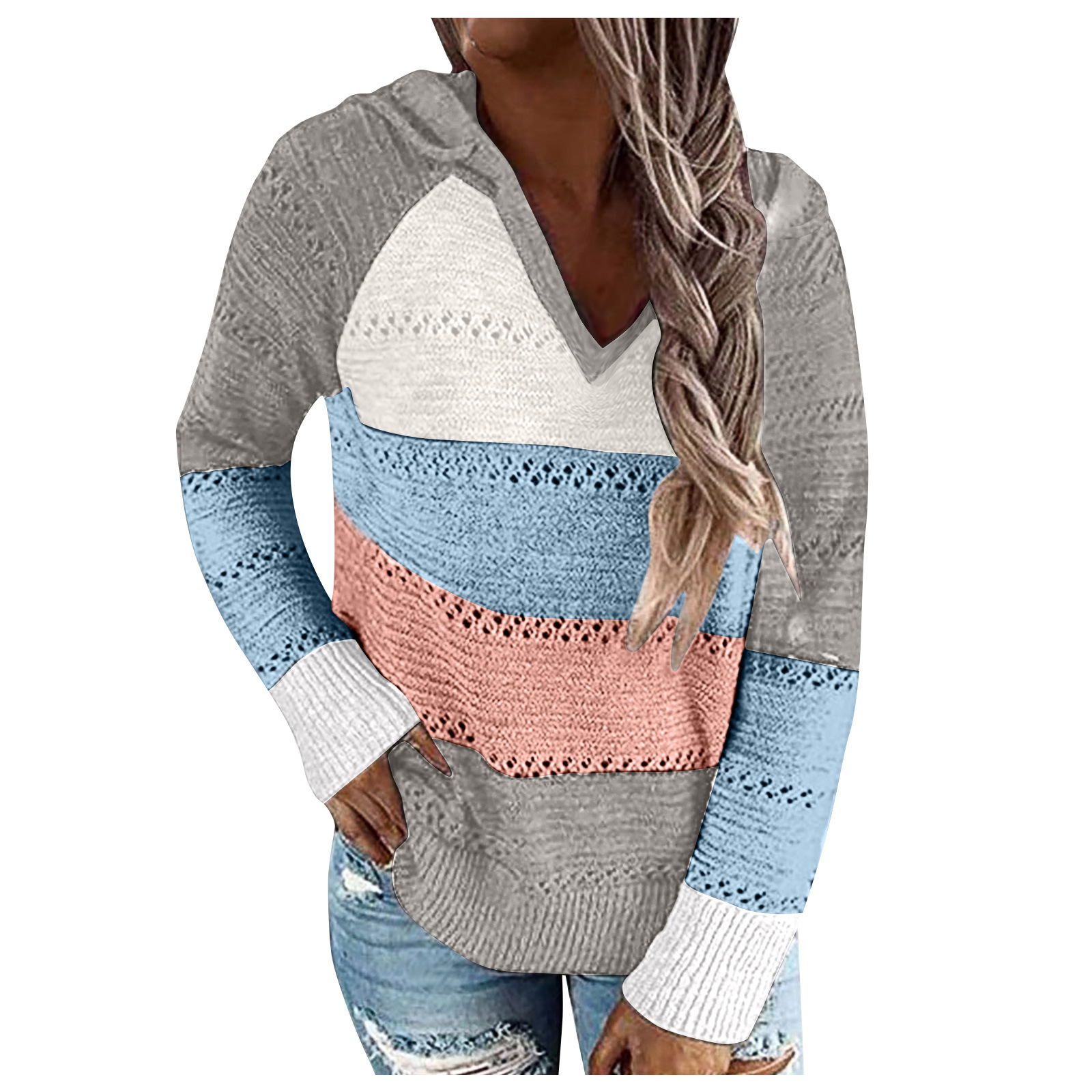 Solid V-Neck Heart Cutout Loose Knit Sweater