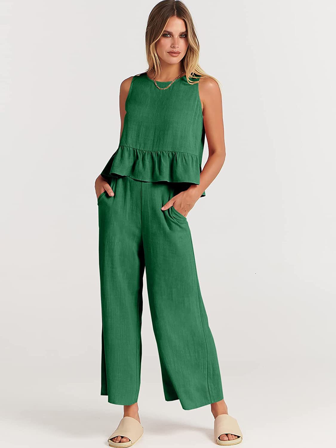 Women's Sleeveless Pleated Tank Top and Wide-Leg Cropped Pants Casual Set