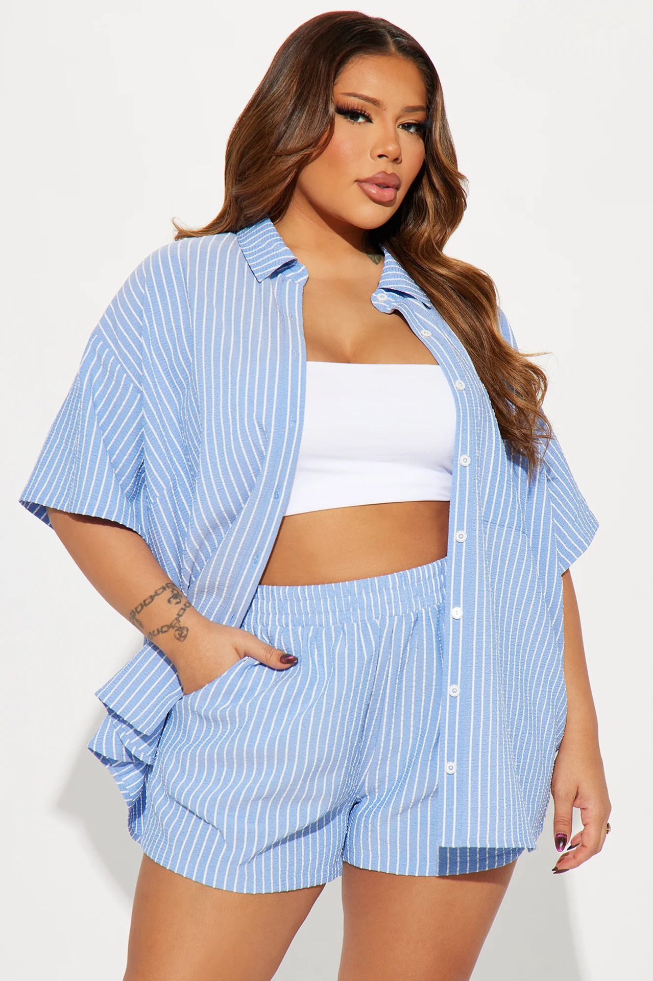 Women's Striped Short Sleeve Shirt and Elastic Waist Shorts Two-Piece Set