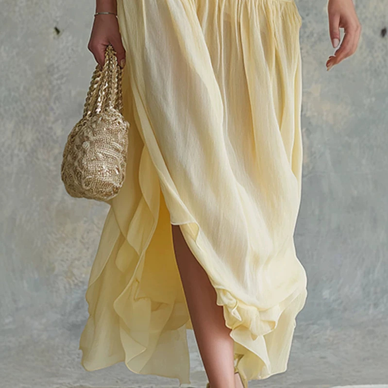 Retro Yellow Sleeveless V-Neck Vest and Chiffon Skirt Set