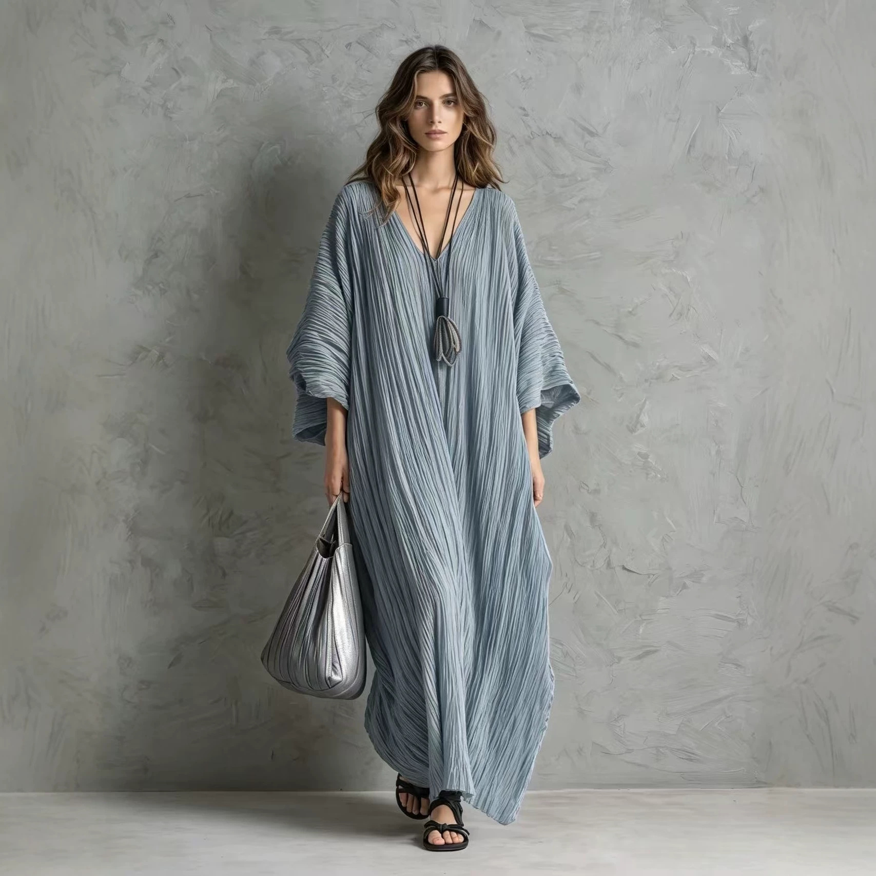 Women's V-Neck Caftan Maxi Dress with Pockets