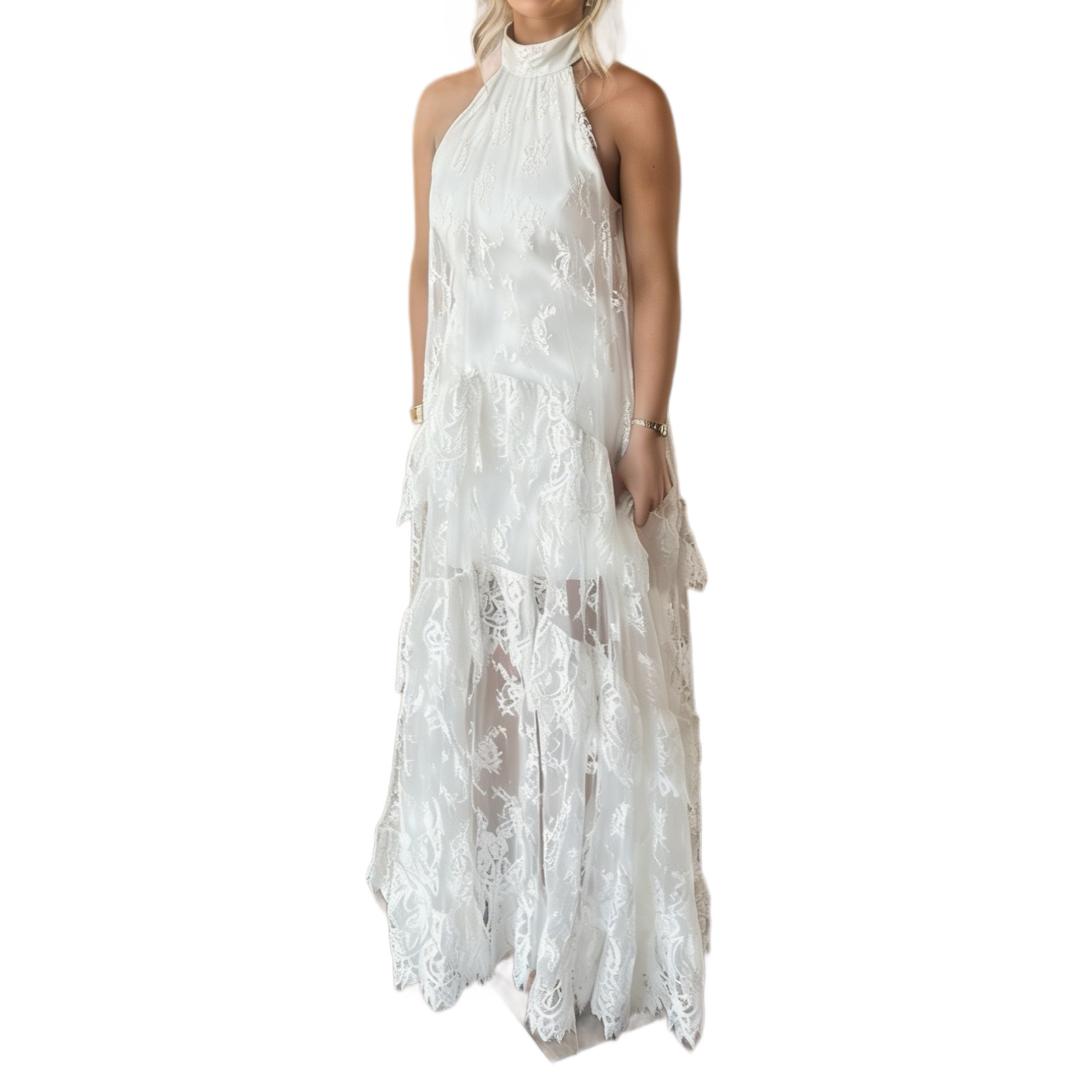 White Lace Halter Neck Sleeveless High Neck Layered Maxi Dress
