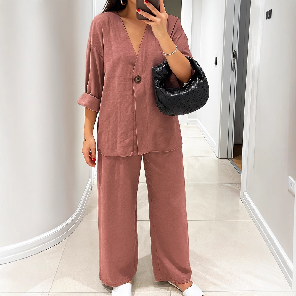 Women's Casual V-Neck One-Button Cardigan and Pants Set