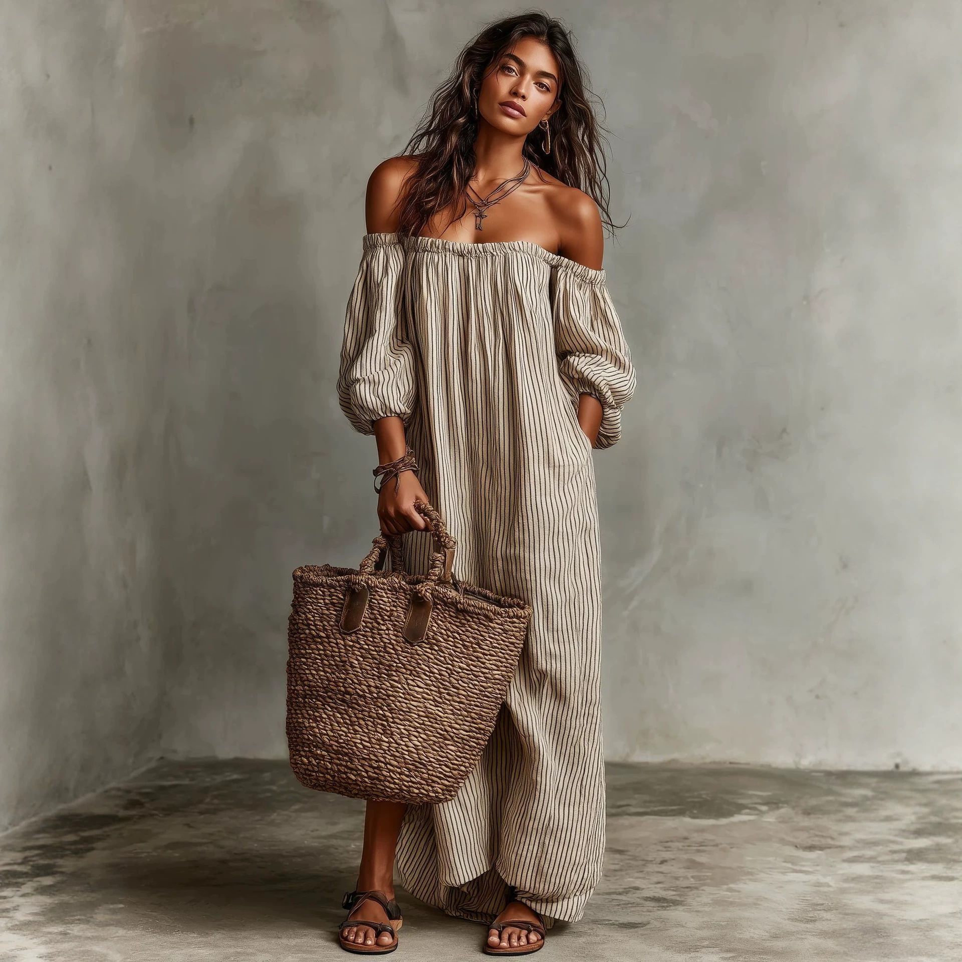 Striped Off-Shoulder Cotton-Linen Maxi Dress