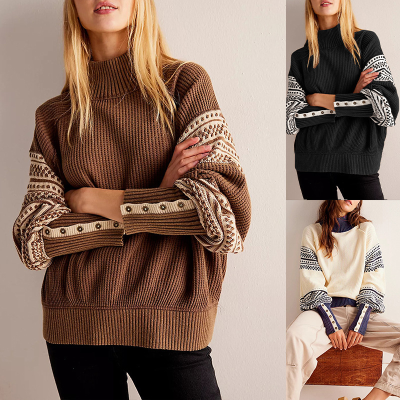 Color-Block Knit Half-Turtleneck Pullover Sweater