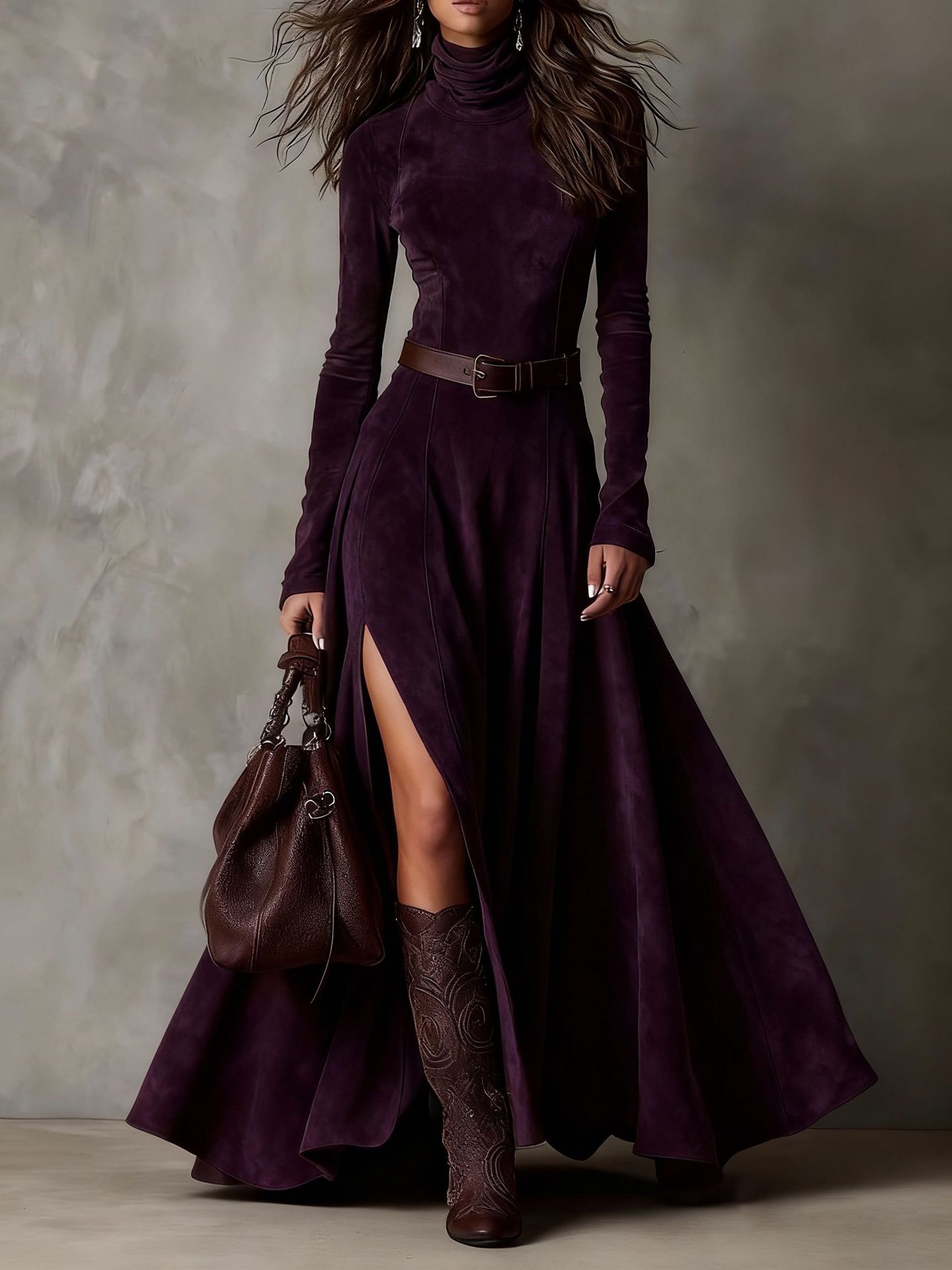 Women's Faux Suede Long Mermaid Dress with Belt