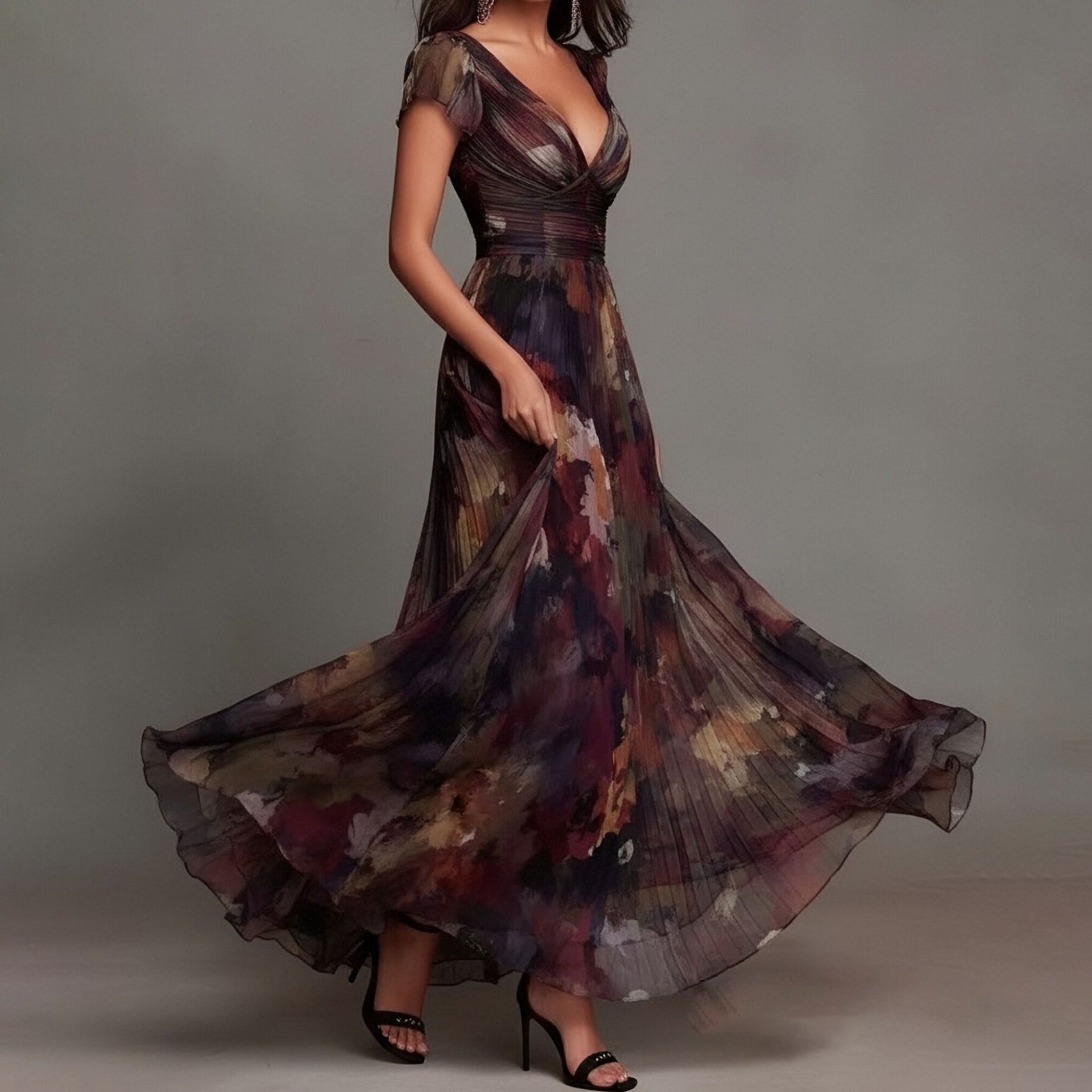 Elegant Floral Print V-Neck French Midi Dress