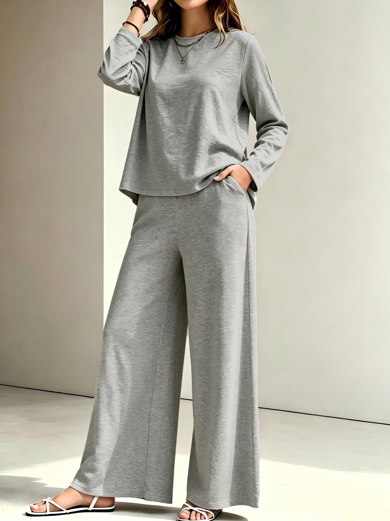 Women's Crewneck Long Sleeve High Waist Wide Leg Pants Casual Set