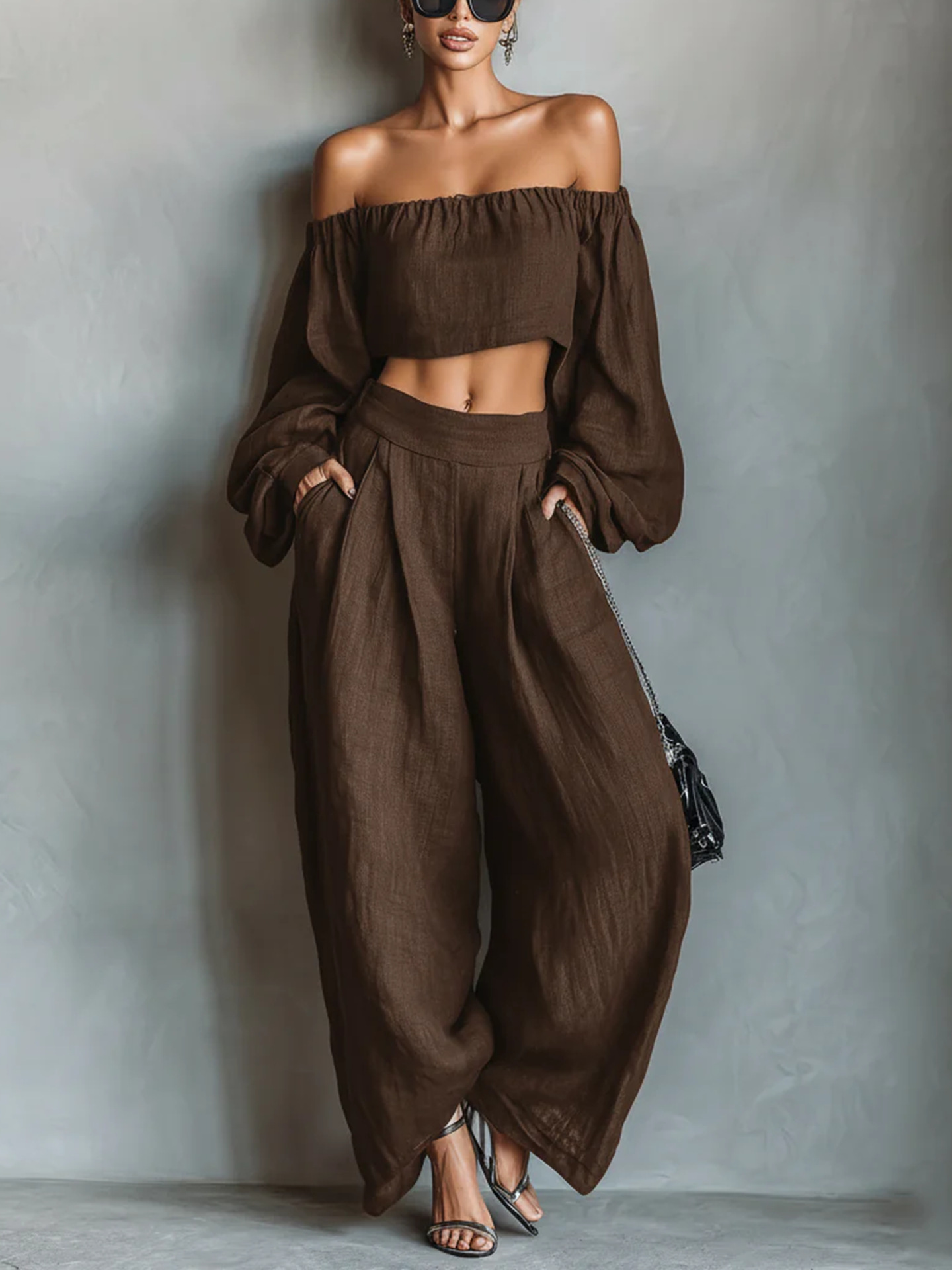 Off-Shoulder T-Shirt and Wide-Leg Pants Two-Piece Set