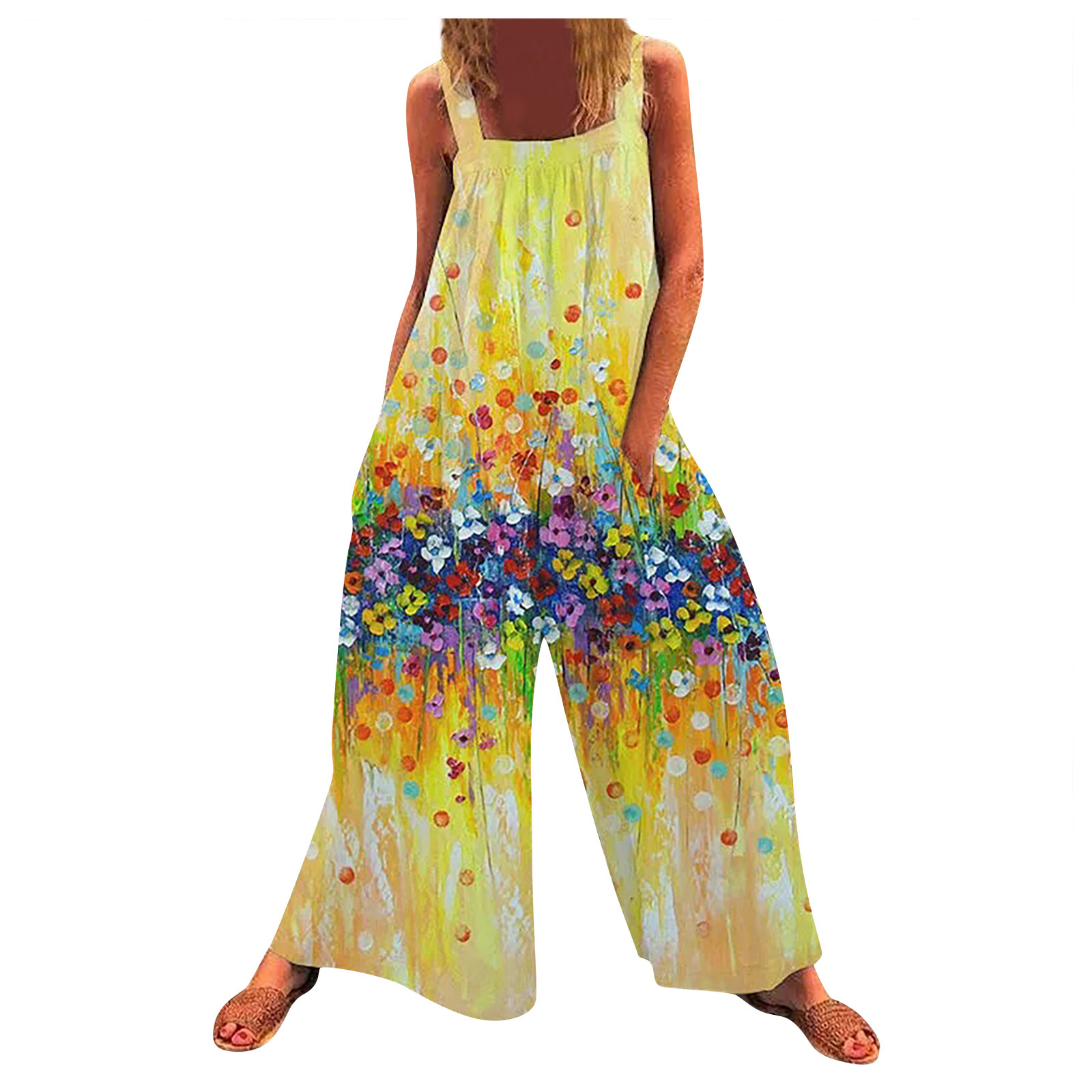 Plus Size Floral Print Loose Wide-Leg Jumpsuit with Straps