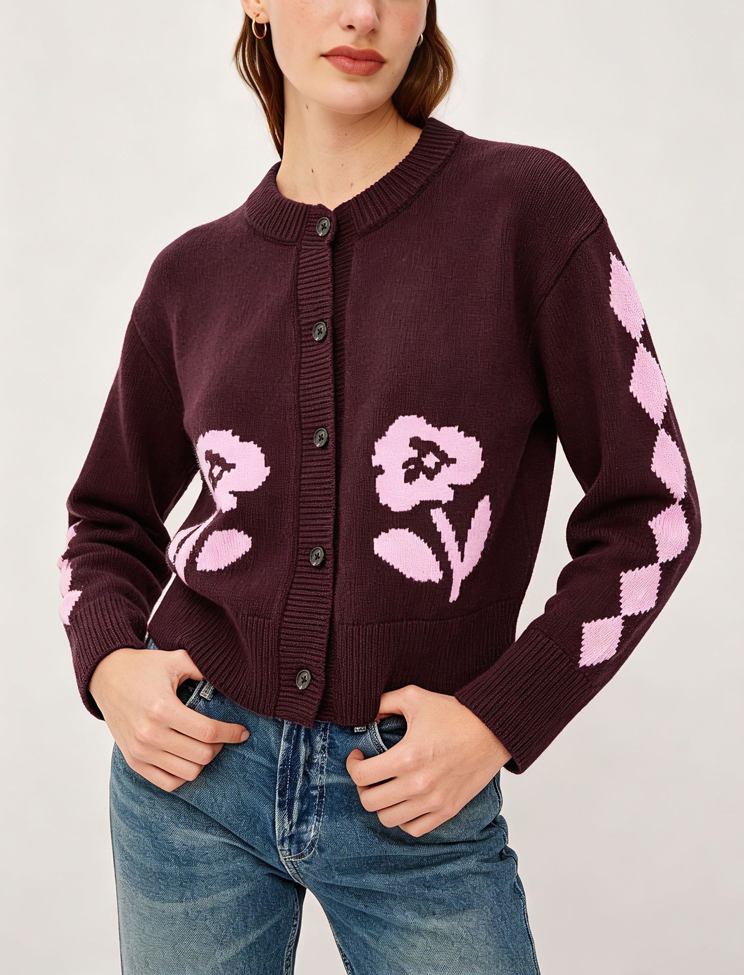Women's Vintage Jacquard Knit Cardigan Button-Up Cropped Sweater Coat