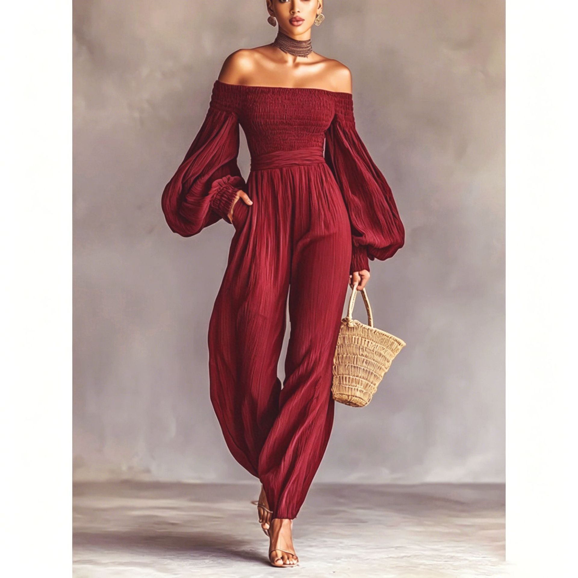 Women's Off-Shoulder Long-Sleeve Ruched Paneled Solid Color Jumpsuit