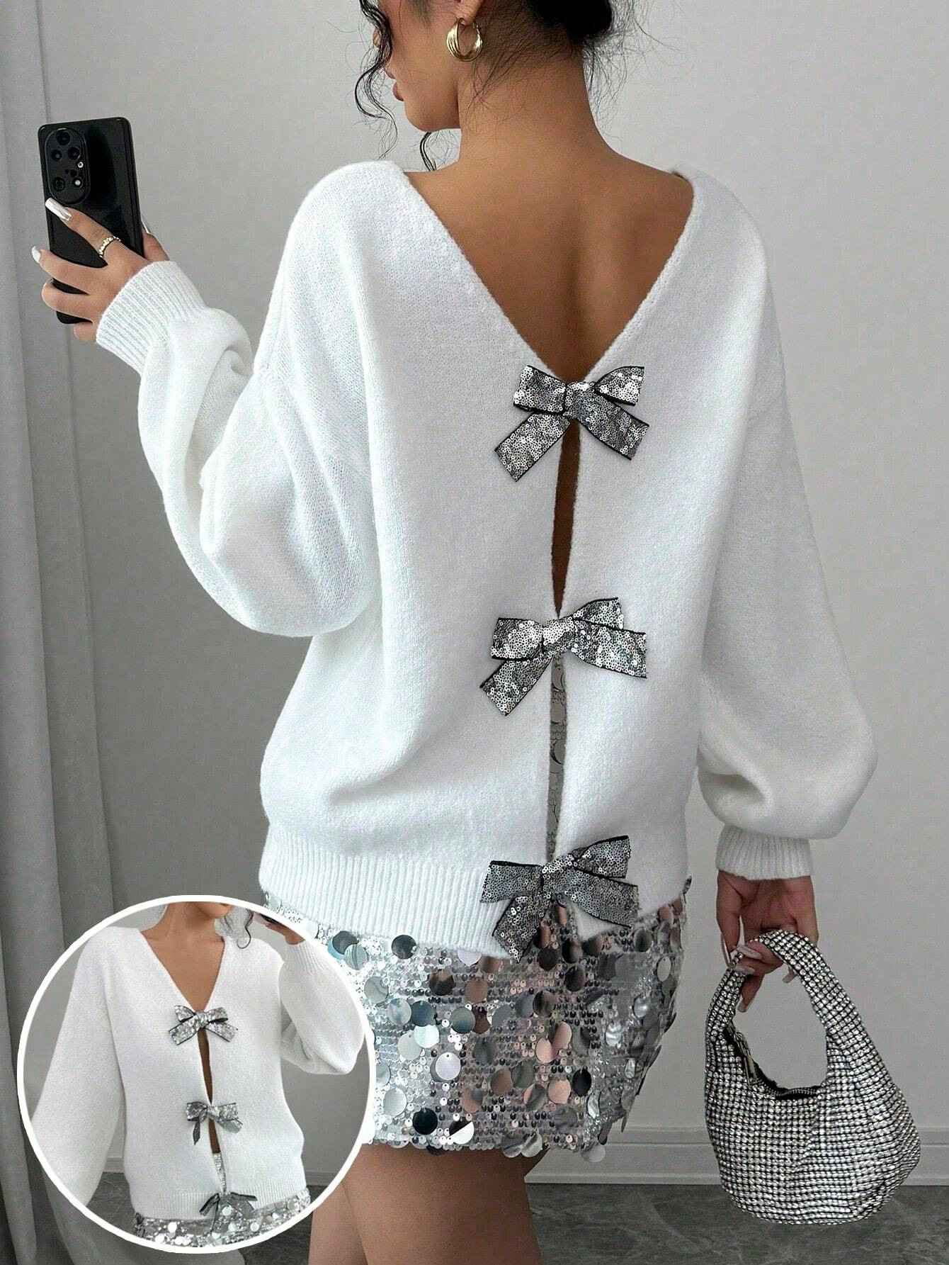 Sequin Bow Loose Long-Sleeve Knit Cardigan Sweater