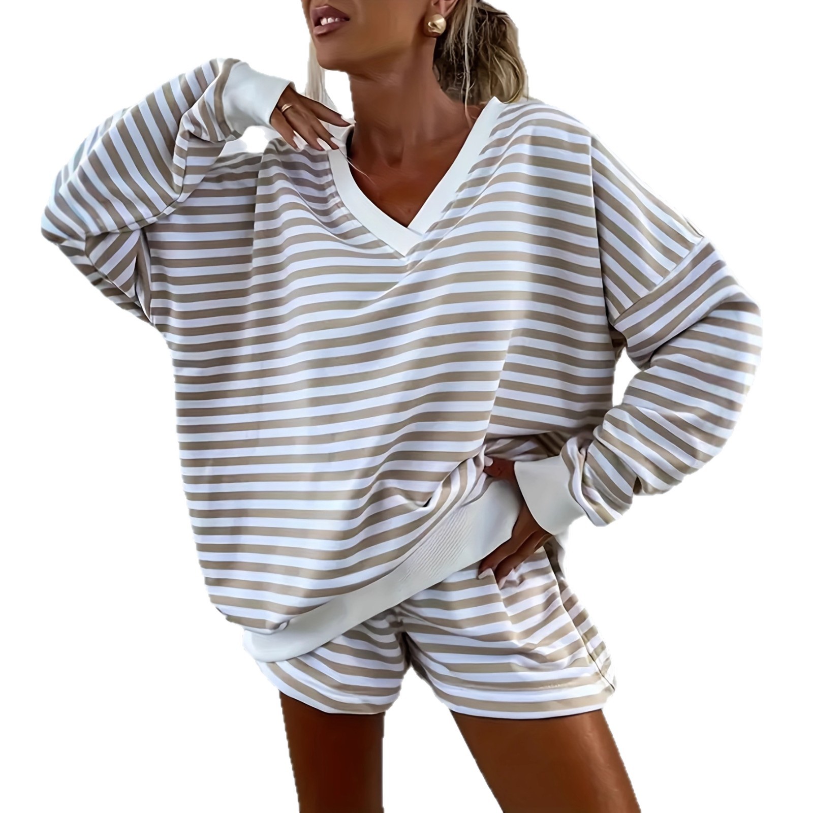 Women's Striped Two-Piece Lounge Set Long Sleeve V-Neck Top and Shorts